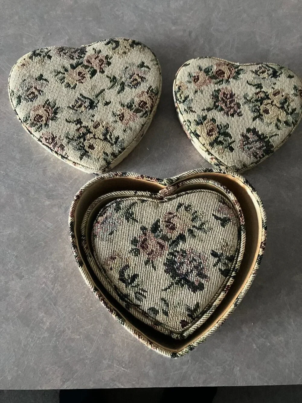 Vintage 1980s Heart-Shaped Embroidered/Needlepoint 3 Nesting Box Set